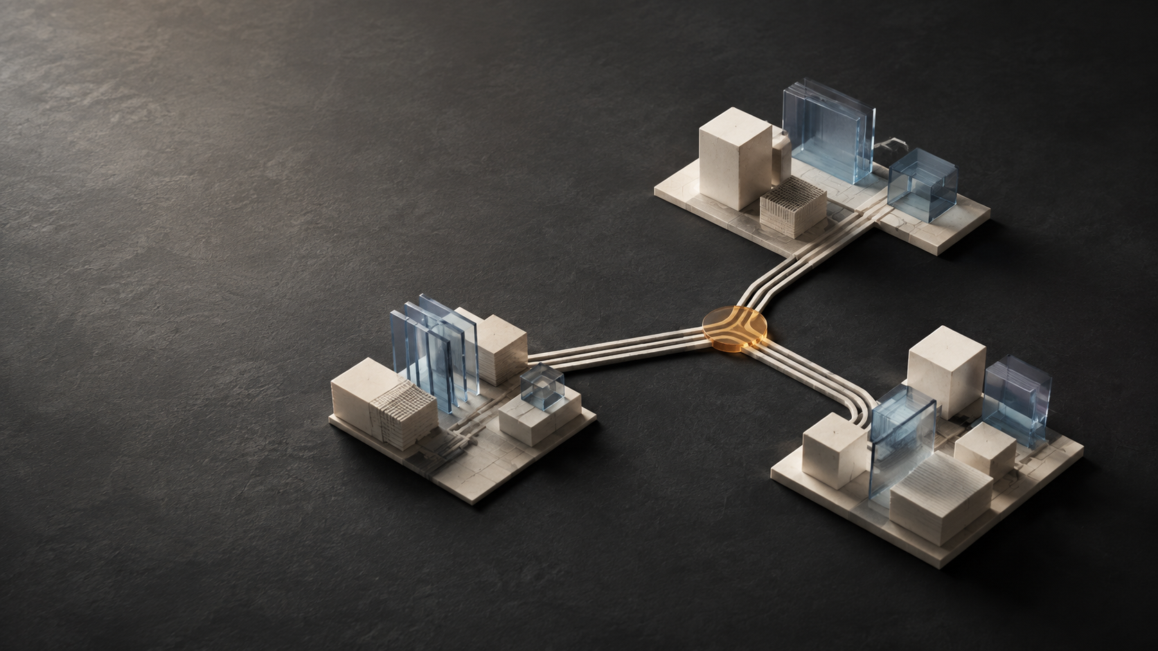 Architectural blocks and translucent panels joined by branching tracks, with an amber decision point against a charcoal background.
