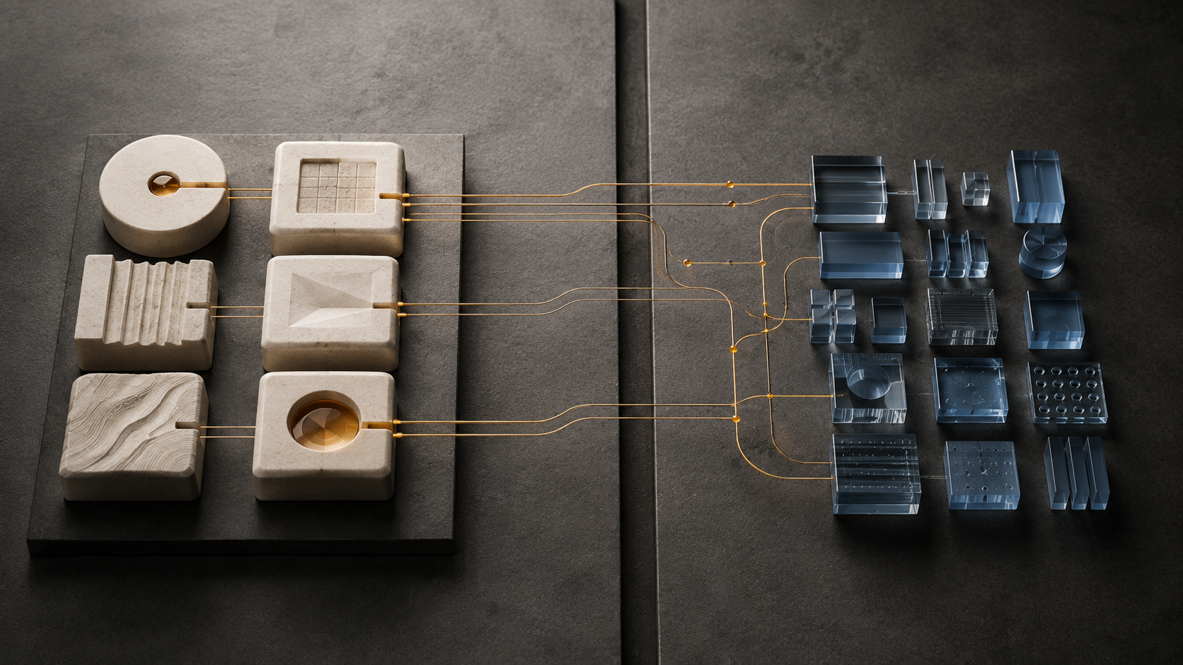 Ivory work modules connected by precise amber tracks to translucent blue components, illustrating structured work feeding agent capacity.
